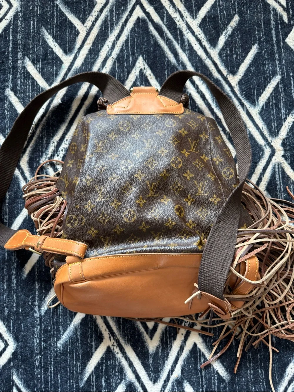 Vintage Boho Louis Vuitton Reworked Luxury Monogram Brown Fringe Leather Backpac